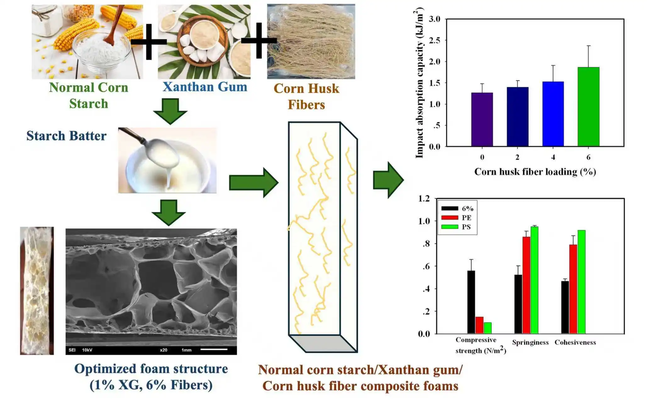 Bio-Based Foams from Agricultural Waste: Optimizing Corn Starch-Corn Husk Composites with Xanthan Gum for Cushioning Applications