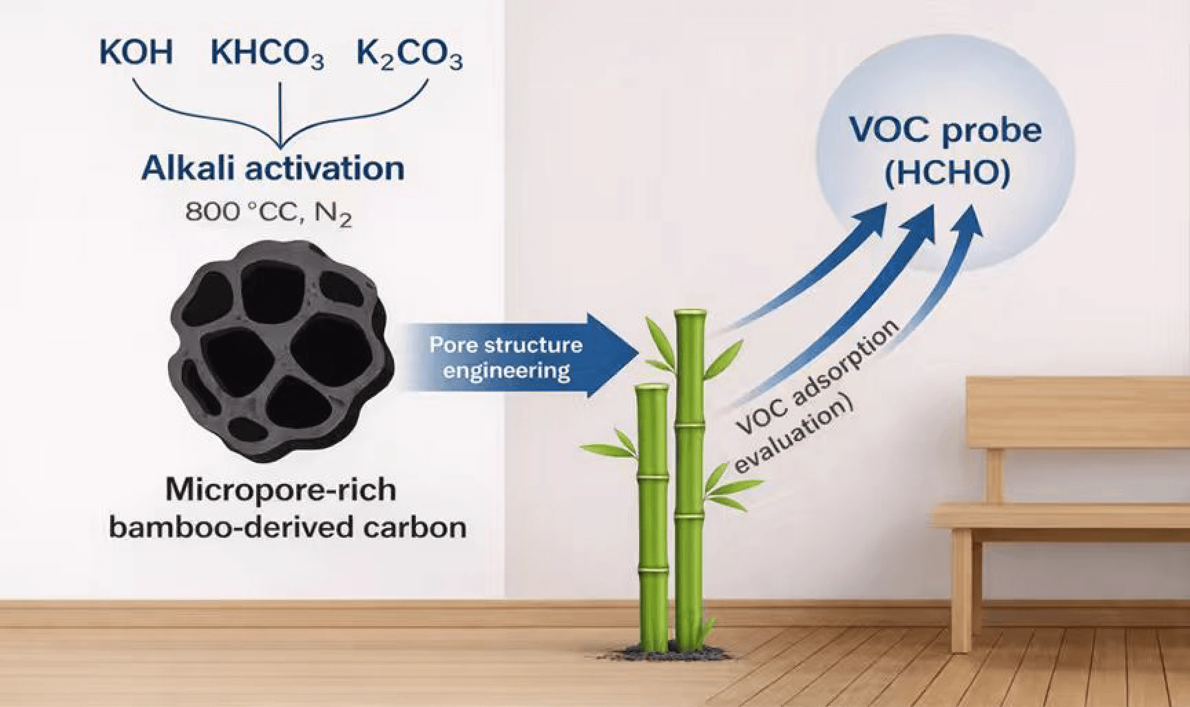 Engineering Microporous Bamboo-Derived Carbons via Alkaline Activation for Formaldehyde Adsorption in Building Environments