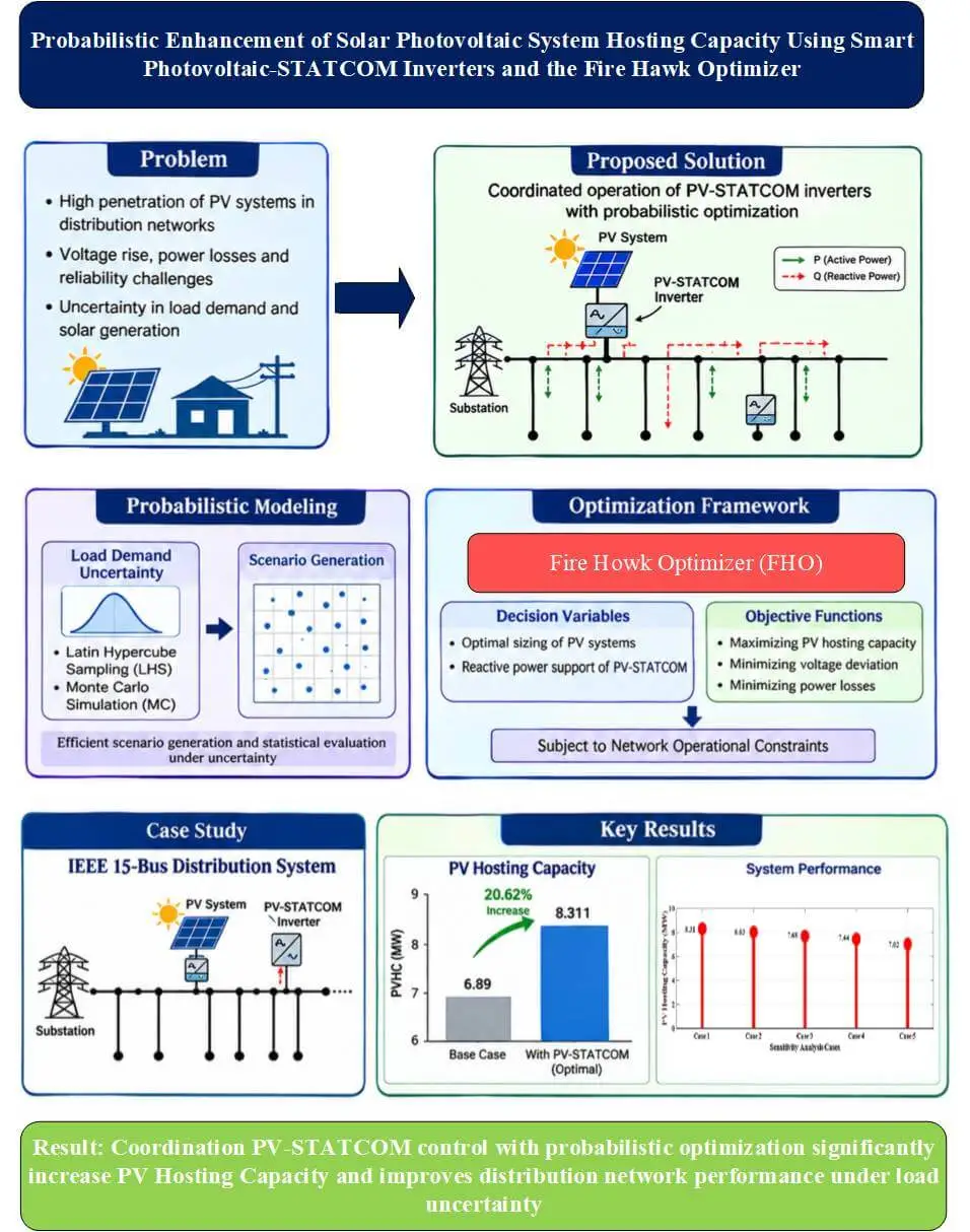 Probabilistic Enhancement of Solar Photovoltaic System Hosting Capacity Using Smart Photovoltaic-STATCOM Inverters and the Fire Hawk Optimizer