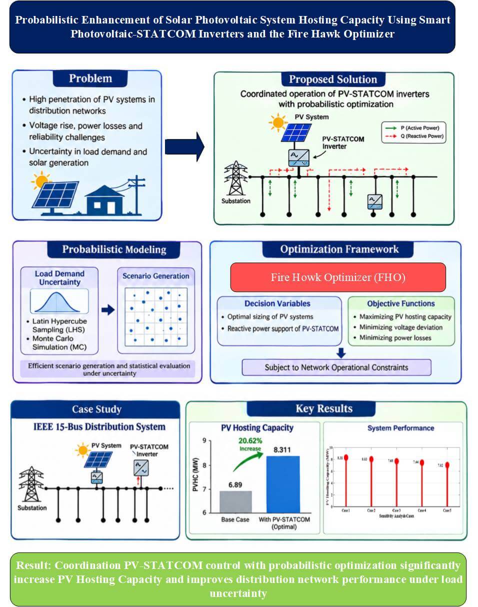 Probabilistic Enhancement of Solar Photovoltaic System Hosting Capacity Using Smart Photovoltaic-STATCOM Inverters and the Fire Hawk Optimizer